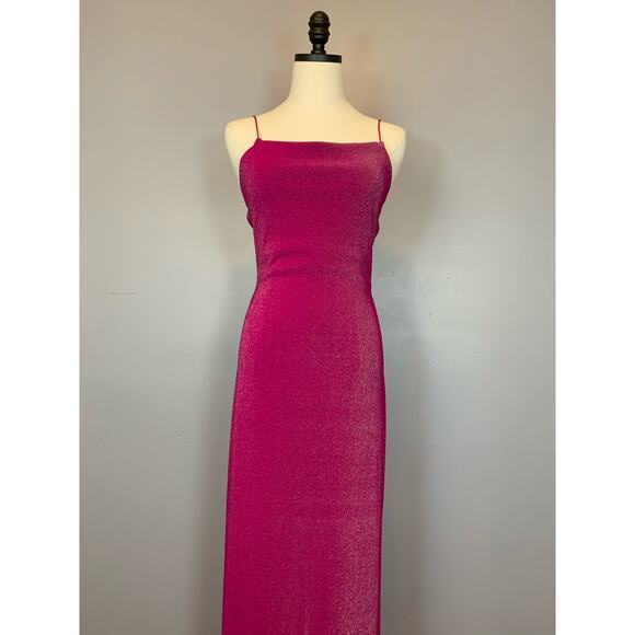 Vtg 90s Y2K City Triangles Open Back Strappy Hot Pink Metallic Bodycon Dress Med - Picture 12 of 17